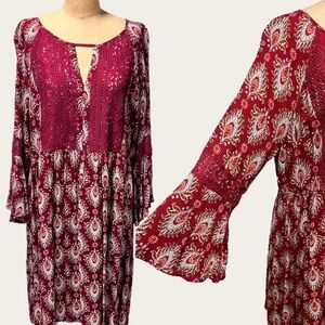 Prairie peasant style boho top blouse long tunic bell sleeve crochet lace floral